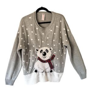Holiday Time Gray/White Fuzzy Polar Bear Christmas Sweater Size Extra Large